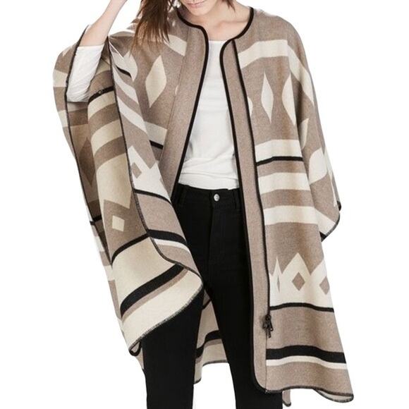 NWOT ZARA Poncho Cape Jacket Cardigan M Aztec Wool Cotton Zip Snap Folk Southern - Picture 1 of 10